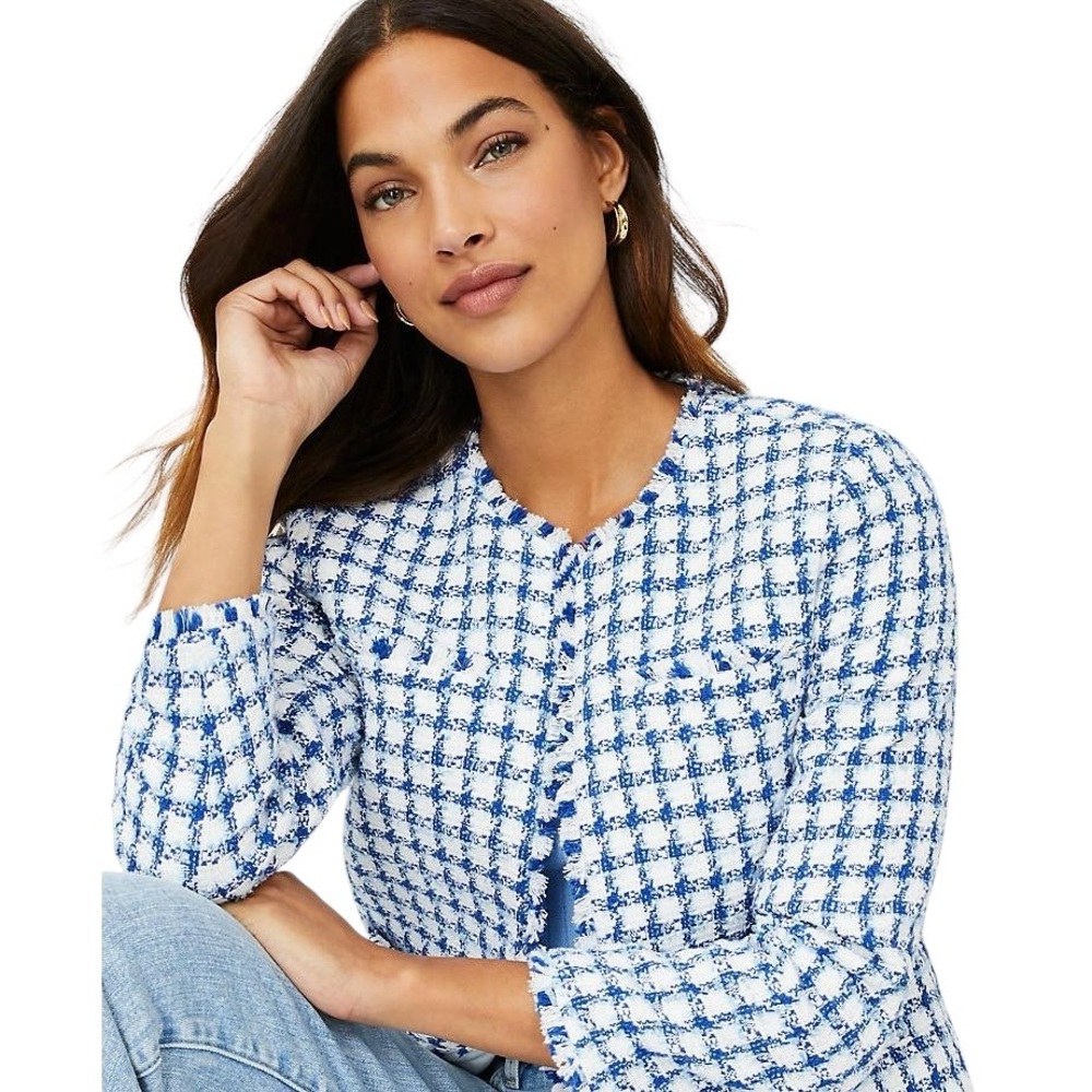 Ann Taylor Women Blue White Plaid Classic Tweed Fringe Trim Office Blazer Sz 16 - Picture 2 of 10